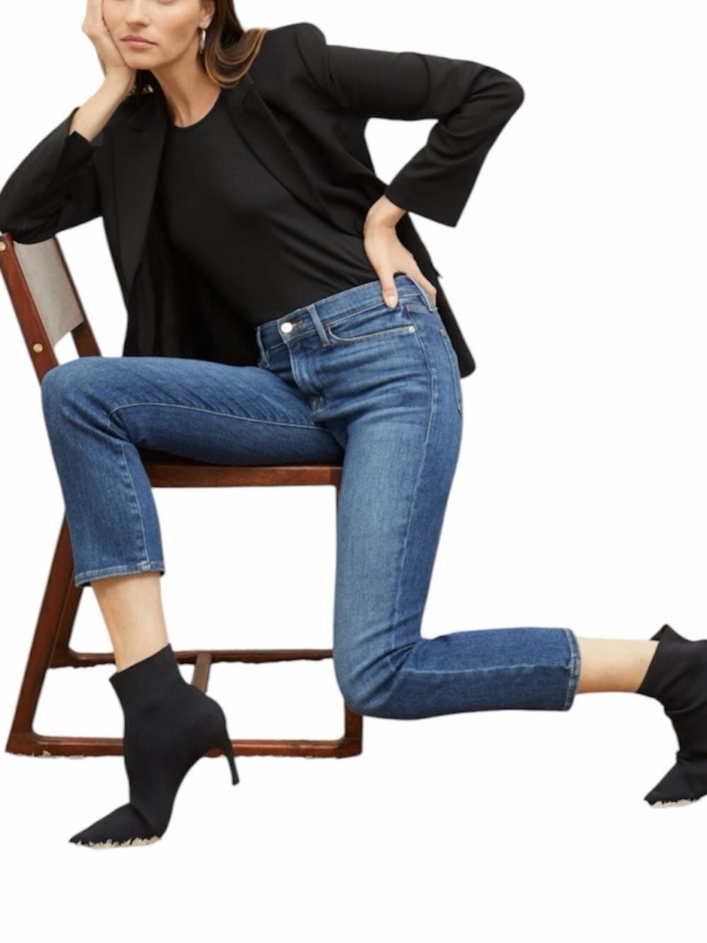 FRAME Le High Straight in Bestia cropped high rise straight blue jeans 28
